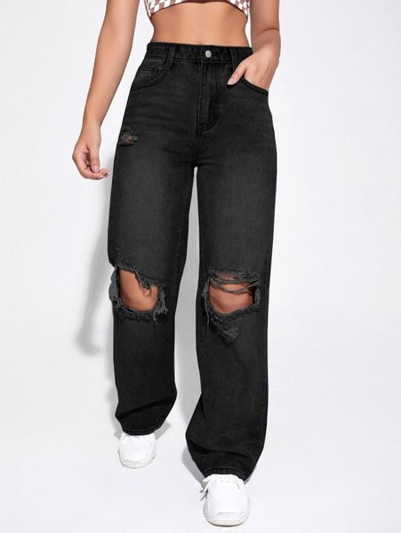 slant pocket ripped straight leg jeans g5ky#, Blue