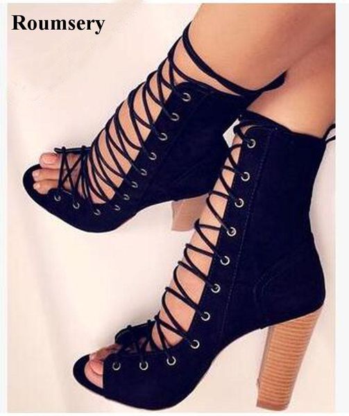boots fashion women open toe lace-up suede leather thick heel ankle cut-out super high short gladiator, Black
boots fashion women open toe lace-up suede leather thick heel ankle cut-out super high short gladiator, Black