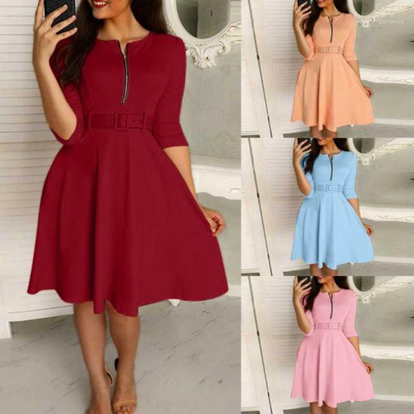 women zip belt dress round neck solid summer spring dress skinny three quarter sleeve a-line party red tunic vestido1, Black;gray
women zip belt dress round neck solid summer spring dress skinny three quarter sleeve a-line party red tunic vestido1, Black;gray