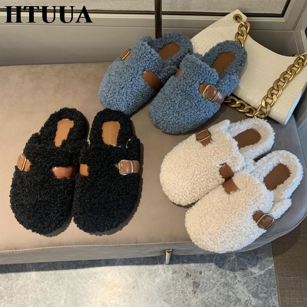 htuua 2020 winter warm plush slippers women casual belt buckle slip on mules shoes woman lambswool fur slides flat loafers s4406 y1123, Black
htuua 2020 winter warm plush slippers women casual belt buckle slip on mules shoes woman lambswool fur slides flat loafers s4406 y1123, Black