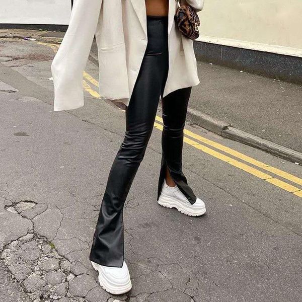women stretch faux pu leather pants split ankle bell bottom elegant high waist female flared trousers wide leg office lady work, Black;white
women stretch faux pu leather pants split ankle bell bottom elegant high waist female flared trousers wide leg office lady work, Black;white