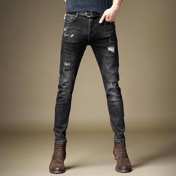 men's jeans men black ripped fashion letter embroidery slim fit pencil pants, Blue
men's jeans men black ripped fashion letter embroidery slim fit pencil pants, Blue