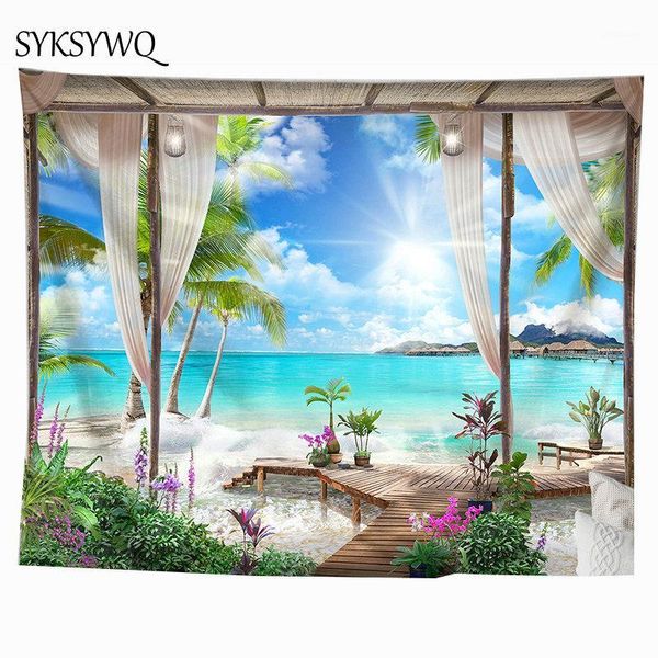 sea beach tapestry palm tree wall hanging carpet flower sand beach wall blanket home decoration1