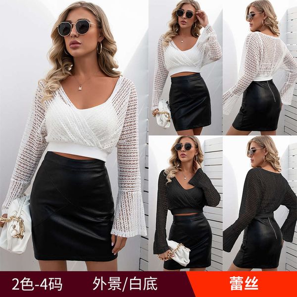 2021 spring and summer new short open navel cross v-neck hollow out lace horn long sleeve blouse, White
2021 spring and summer new short open navel cross v-neck hollow out lace horn long sleeve blouse, White