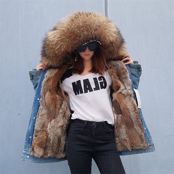 new ripped denim pie overcoming rabbit fur grass liner fox fur collar coat female winter 201212, Black