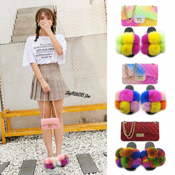 ladies real fox fur slippers woman fur slides rainbow shoes women's furry cute fur flip fops matte jelly bags set fashion bag x1020, Black
ladies real fox fur slippers woman fur slides rainbow shoes women's furry cute fur flip fops matte jelly bags set fashion bag x1020, Black