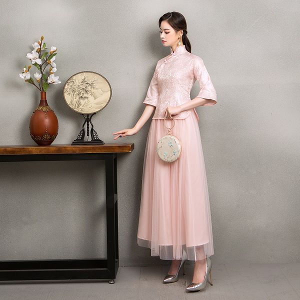 2pcs/set autumn sping a-line buckle collar waist was thin vintage embroidery half sleeve elegant pink bridesmaid dresses, White;pink
2pcs/set autumn sping a-line buckle collar waist was thin vintage embroidery half sleeve elegant pink bridesmaid dresses, White;pink