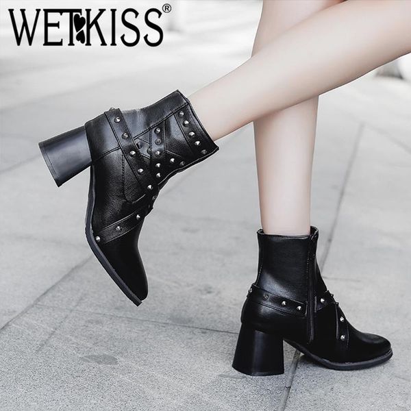 wetkiss pointed toe thick high heel shoes rivet zip women anke boots platform bootie fashion metal decor motorcycle boots, Black
wetkiss pointed toe thick high heel shoes rivet zip women anke boots platform bootie fashion metal decor motorcycle boots, Black