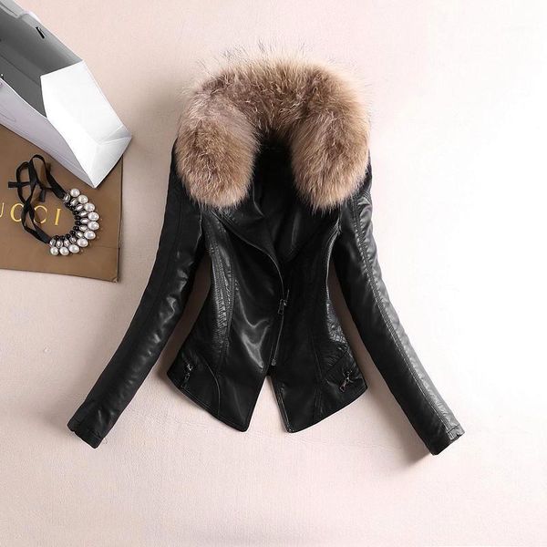 autumn winter thick washed pu faux leather zipper jacket black with real fur collar female slim full sleeve coat stand collar1
autumn winter thick washed pu faux leather zipper jacket black with real fur collar female slim full sleeve coat stand collar1