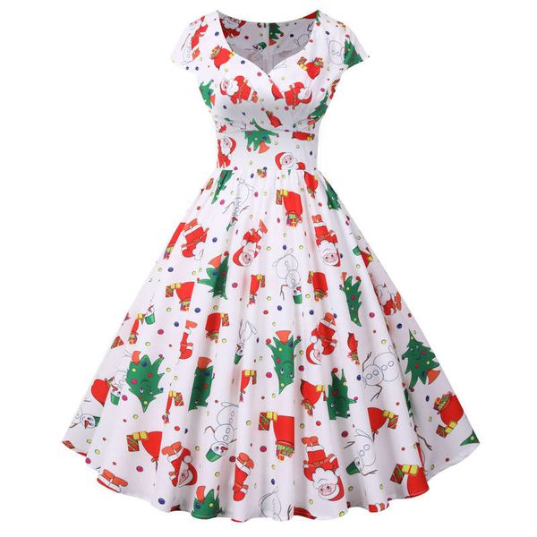2020 hepburn v-neck short sleeve swing christmas print dress, Black;gray
