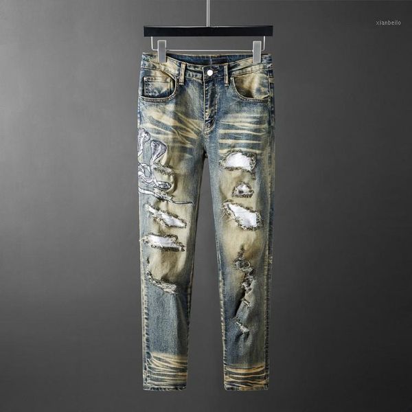 men's snake embroidered retro denim jeans slim skinny holes pu leather patchwork stretch pants1, Blue
men's snake embroidered retro denim jeans slim skinny holes pu leather patchwork stretch pants1, Blue
