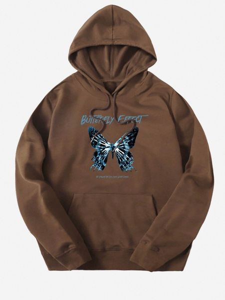 men slogan & butterfly print kangaroo pocket drawstring hoodie y5jl#, Black 
men slogan & butterfly print kangaroo pocket drawstring hoodie y5jl#, Black