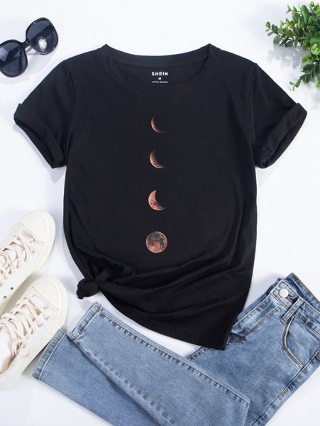 moon print short sleeve tee j3un#, White