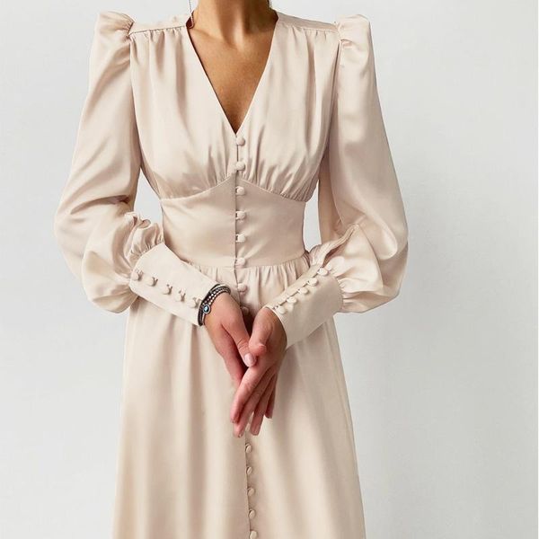 elegant beige v neck single breasted midi dress women vintage party high waist satin long lantern sleeve dresses, Black;gray
elegant beige v neck single breasted midi dress women vintage party high waist satin long lantern sleeve dresses, Black;gray