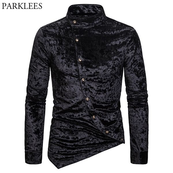 black velvet velour tuxedo shirt men 2019 autumn new banded collar irregular hem slim fit mens dress shirts camisa masculina 2xl c1210, White;black
black velvet velour tuxedo shirt men 2019 autumn new banded collar irregular hem slim fit mens dress shirts camisa masculina 2xl c1210, White;black