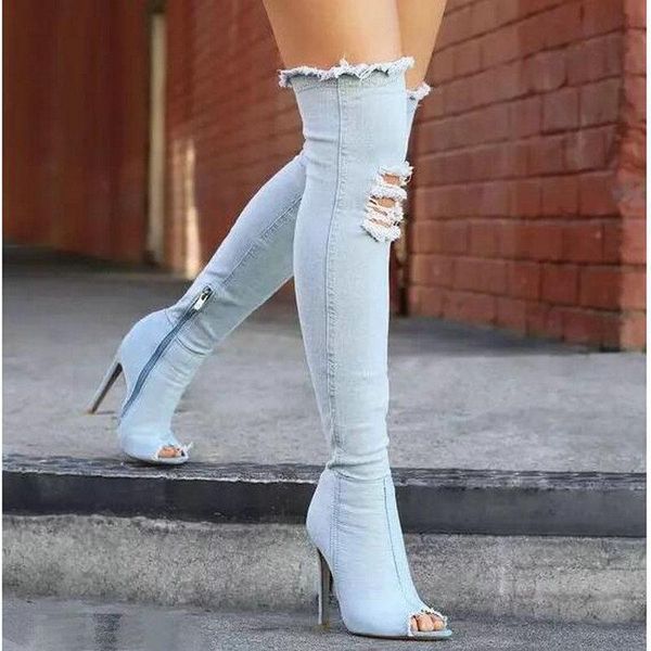 boots fashion autumn women high heels thigh female shoes over the knee peep toe cowboy denim shoes-07, Black