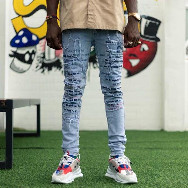 men jeans off european and american fashion english alphabet diamond embroidery men's jeans, Blue
men jeans off european and american fashion english alphabet diamond embroidery men's jeans, Blue