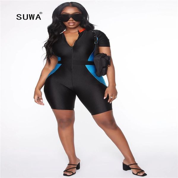 high elasticity women playsuit casual sporty contrast patchwork short sleeve o neck zipper high waist jumpsuit short romper1, Black;white 
high elasticity women playsuit casual sporty contrast patchwork short sleeve o neck zipper high waist jumpsuit short romper1, Black;white