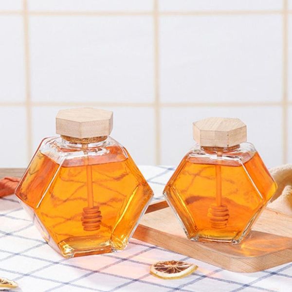 honey pot hexagonal glass honey jar with wooden cork lid cover for home kitchen1