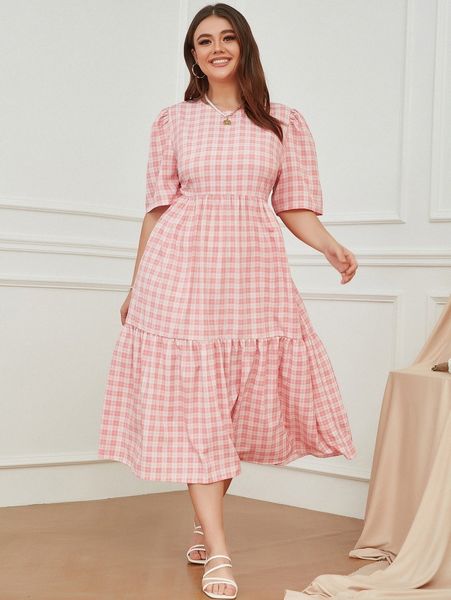 plus plaid puff sleeve ruffle hem dress z610#, Black 
plus plaid puff sleeve ruffle hem dress z610#, Black