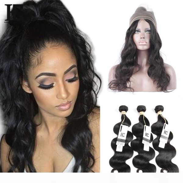 360 full lace frontal closure with 3 bundles brazilian virgin human hair weaves body wave peruvian indian malaysian cambodian wavy remy hair, Black
360 full lace frontal closure with 3 bundles brazilian virgin human hair weaves body wave peruvian indian malaysian cambodian wavy remy hair, Black