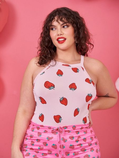 plus strawberry print cami z61p#, Black