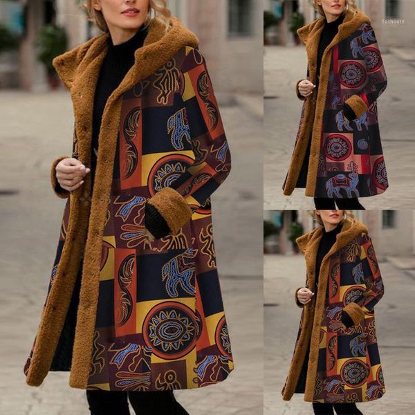 women vintage print fleece hooded long sleeve winter button plus size long coat w12051, Black
women vintage print fleece hooded long sleeve winter button plus size long coat w12051, Black