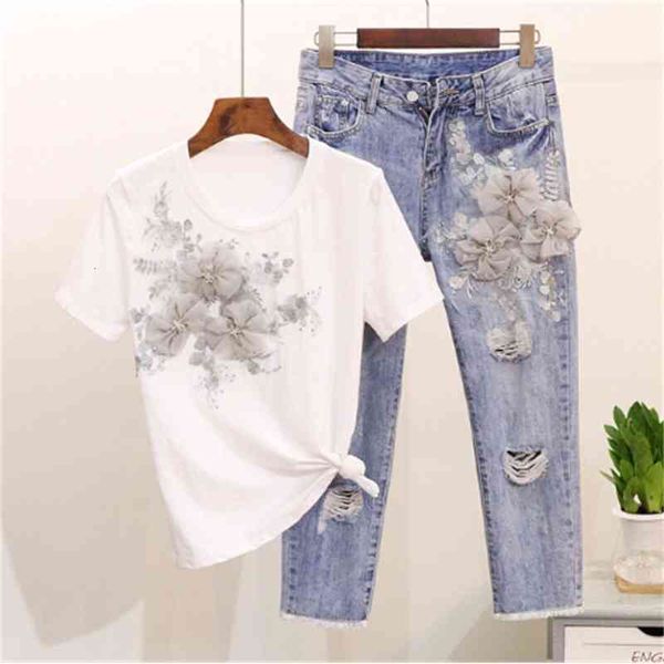 women's two piece pants heavy work embroidery flower tshirts + jeans women summer 2pcs fashion suits stylish european sets zitv, White
women's two piece pants heavy work embroidery flower tshirts + jeans women summer 2pcs fashion suits stylish european sets zitv, White