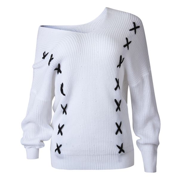 women sweaters loose knitted solid color casual long sleeve v neck cross strap autumn winter female pullover sweater, White;black
women sweaters loose knitted solid color casual long sleeve v neck cross strap autumn winter female pullover sweater, White;black