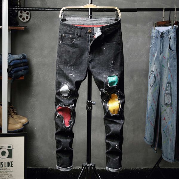 autumn and winter new men's korean leg micro elastic hole patch jeans pants jd8815, Blue
autumn and winter new men's korean leg micro elastic hole patch jeans pants jd8815, Blue