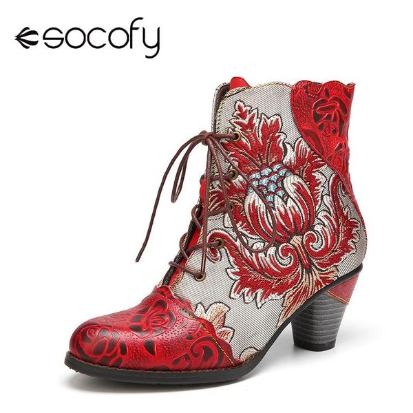 socofy retro style embossed boots genuine leather flower embroidery splicing casual outdoor party short boots botas mujer 2020, Black 
socofy retro style embossed boots genuine leather flower embroidery splicing casual outdoor party short boots botas mujer 2020, Black