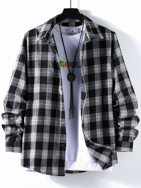 men plaid button up shirt 940q#, White;black 
men plaid button up shirt 940q#, White;black
