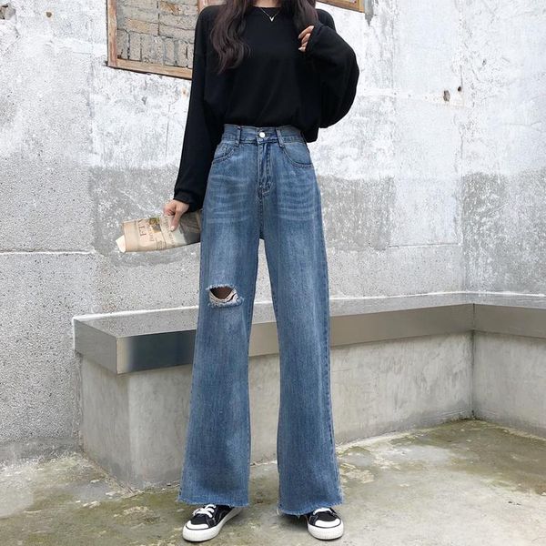 women autumn high waist denim trousers with holes elastic button wide leg jeans full length female long flare cotton pants, Blue
women autumn high waist denim trousers with holes elastic button wide leg jeans full length female long flare cotton pants, Blue