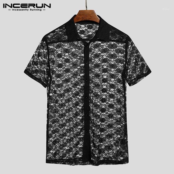 men's casual shirts incerun summer men lace shirt solid color transparent short sleeve lapel party nightclub slim mesh camisa 20211, White;black 
men's casual shirts incerun summer men lace shirt solid color transparent short sleeve lapel party nightclub slim mesh camisa 20211, White;black