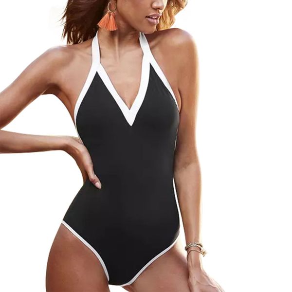 women's halter one piece swimsuit high waist backless color block monokini swimwear, White;black
women's halter one piece swimsuit high waist backless color block monokini swimwear, White;black
