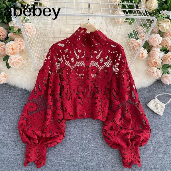 lace hollow out short blouse casual lantern long sleeve stand collar shirts female elegant red/pink/white loose 2020
lace hollow out short blouse casual lantern long sleeve stand collar shirts female elegant red/pink/white loose 2020