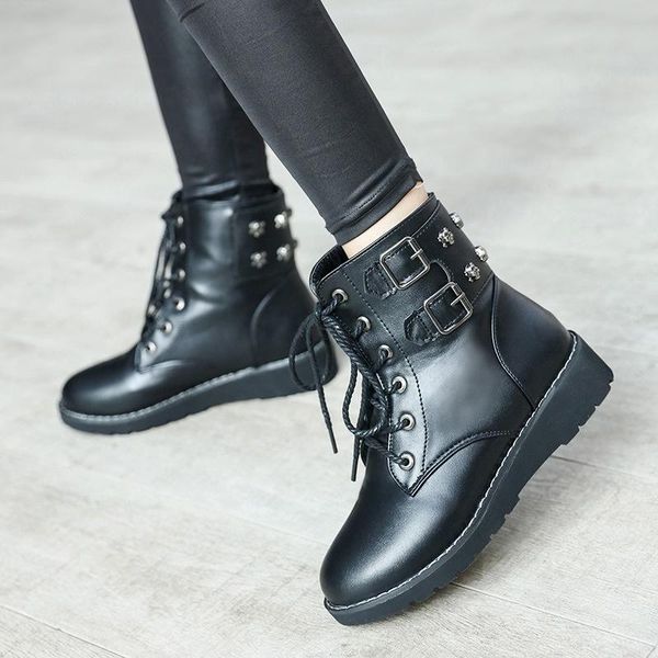 2020 autumn and winter new short tube women's boots round head cross straps flat bottom wedge with metal decorative, Black
2020 autumn and winter new short tube women's boots round head cross straps flat bottom wedge with metal decorative, Black
