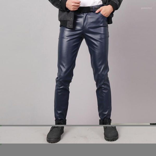spring autumn men leather pants slim fit elastic style male fashion pu leather trousers punk pants1, Black