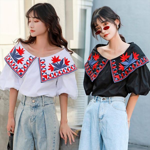 runway flower embroidery women shirt summer fashion wide v neck half lantern sleeve loose female casual pullover blouses, White 
runway flower embroidery women shirt summer fashion wide v neck half lantern sleeve loose female casual pullover blouses, White