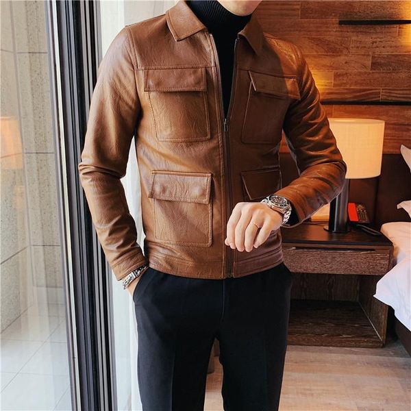 men's fur & faux male streetwear vintage fashion zipper leather coat outerwear multiple pockets casual slim fit short style jacket, Black
men's fur & faux male streetwear vintage fashion zipper leather coat outerwear multiple pockets casual slim fit short style jacket, Black