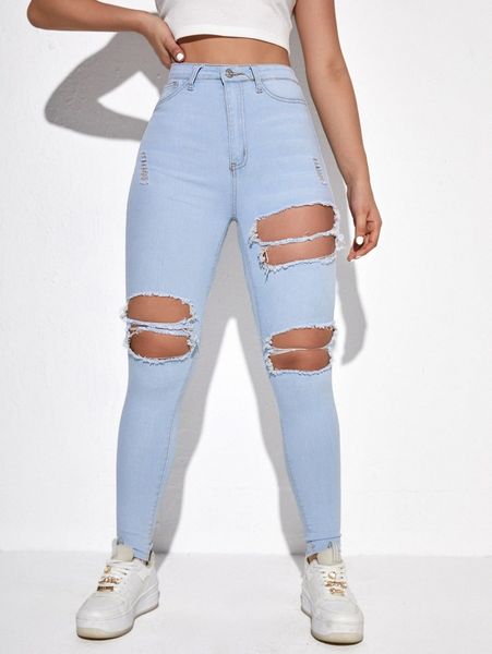 high waist ripped cut out skinny jeans q44b#, Blue