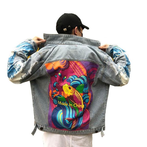new harajuku style men denim jackets japanese carp funny wave printed loose graffiti jacket frayed broken coats, Black;brown
new harajuku style men denim jackets japanese carp funny wave printed loose graffiti jacket frayed broken coats, Black;brown