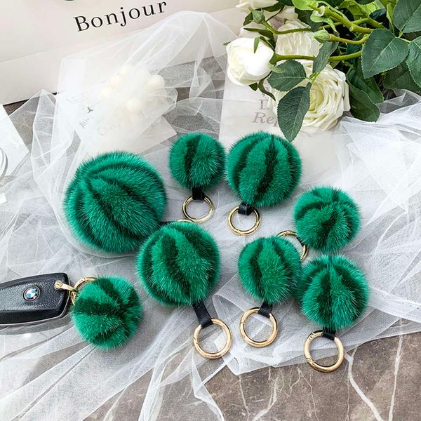 mini mink watermelon fur pendant bag decoration car key ring, Silver 
mini mink watermelon fur pendant bag decoration car key ring, Silver