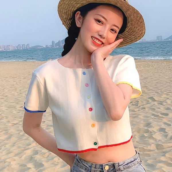 women's o-neck button short section exposed navel knitted short-sleeved summer sweet t-shirt cardigan, White
women's o-neck button short section exposed navel knitted short-sleeved summer sweet t-shirt cardigan, White