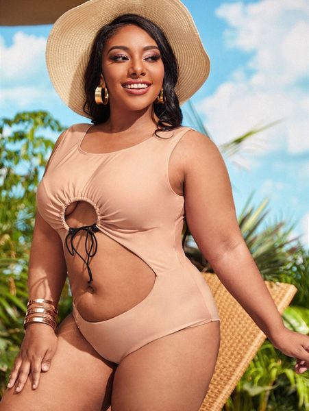 plus cut-out lace up one piece swimsuit u27t#, Black