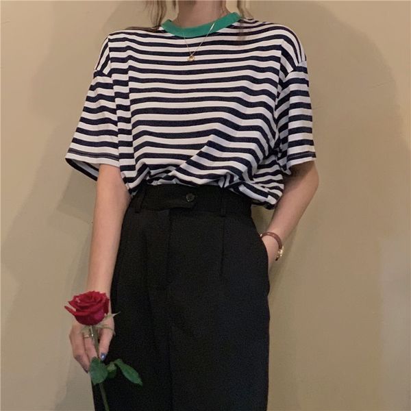 2021 New 2 colors Korean summer chic short sleeve style loose stripe t-shirts of women women's top femme shirt (cx1171) N8VJ, White
2021 New 2 colors Korean summer chic short sleeve style loose stripe t-shirts of women women's top femme shirt (cx1171) N8VJ, White