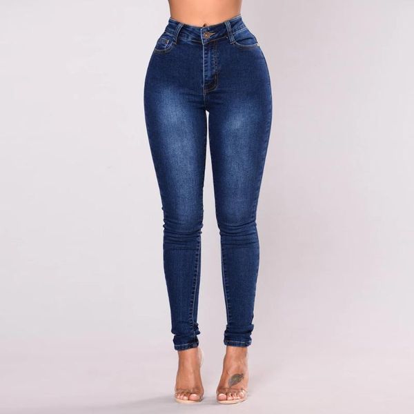 2021 new solid color pockets high-waisted elasticity slimming skinny jeans women's fashional vintage casual pencil long trousers, Blue 
2021 new solid color pockets high-waisted elasticity slimming skinny jeans women's fashional vintage casual pencil long trousers, Blue
