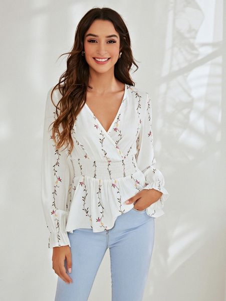 surplice neck shirred waist peplum blouse h2kf#, White
surplice neck shirred waist peplum blouse h2kf#, White