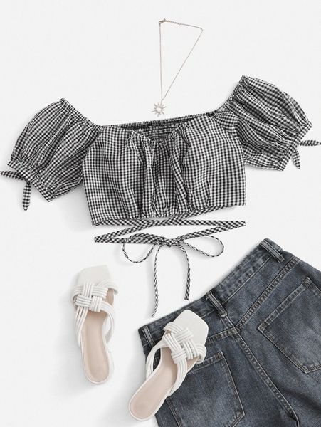 gingham lace up waist shirred q6zr#, White
gingham lace up waist shirred q6zr#, White