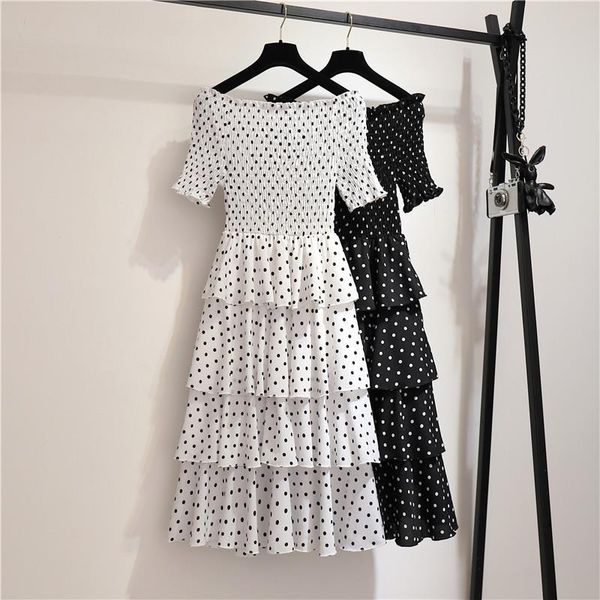party dresses vintage black white dot summer dress 2021 off shoulder high waist wrap women streetwear robe femme long, White;black
party dresses vintage black white dot summer dress 2021 off shoulder high waist wrap women streetwear robe femme long, White;black